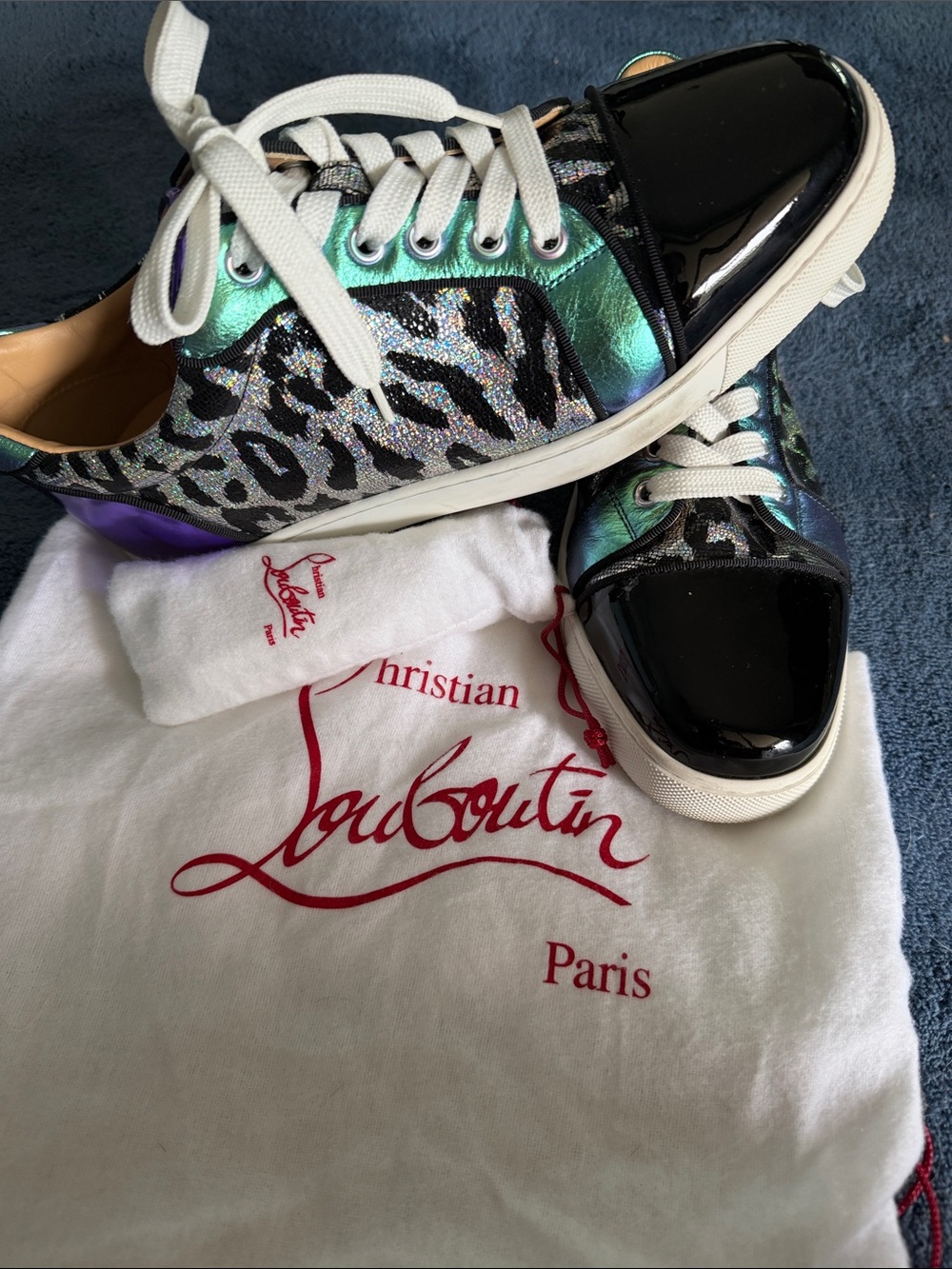 Christian Louboutin Iridescent Teal & Black Leopard Low-Top Sneakers